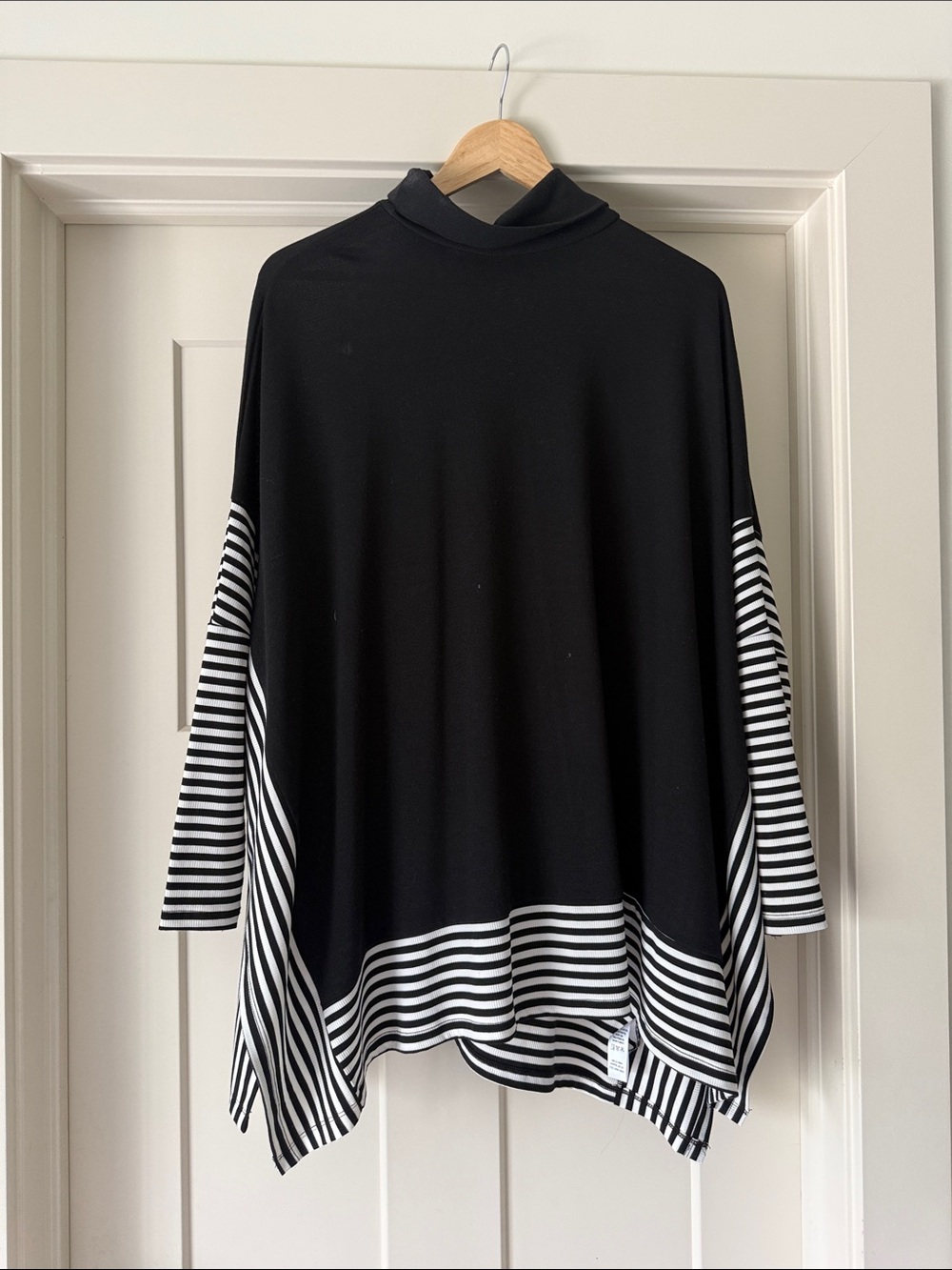 Women's Black Cowl Neck Tunic Sweater with Striped Sleeves